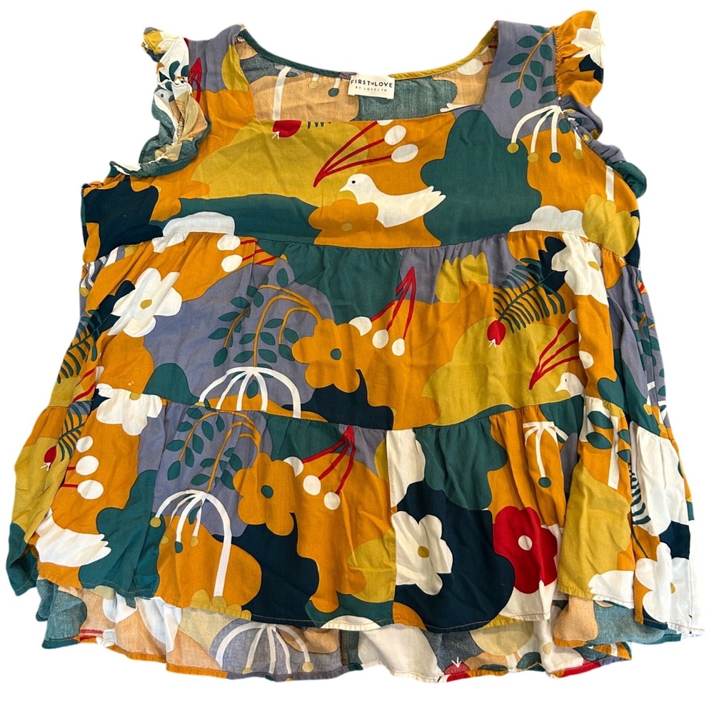 First Love by Lovelyn Women 1X Abstract Floral Bird Tiered Babydoll Top Mustard